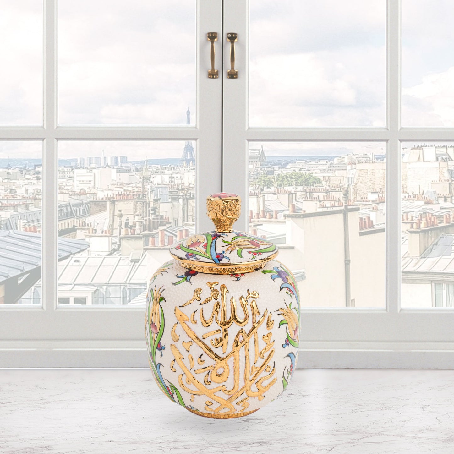 Hand-painted Divine Script ceramic jar with golden Arabic calligraphy and floral motifs. Lidded artisan jar, perfect for honey, ginger, spices, or spiritual décor.