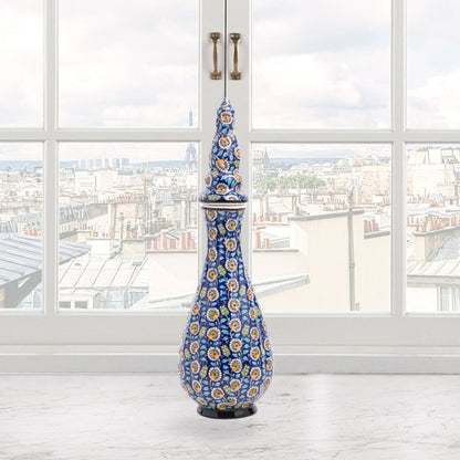 Hand-painted Nightingale’s Eye ceramic vase with Ottoman floral motifs on navy. Elegant tall form with lid, artisan-crafted, perfect décor or gift.