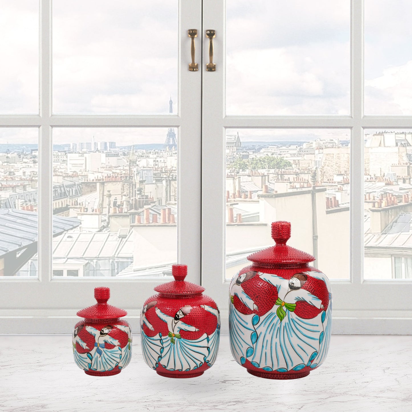 Handmade Ceramic Jar, Whirling Dervish Decorative Jar with Lid, Ceramic Jars Set of 3