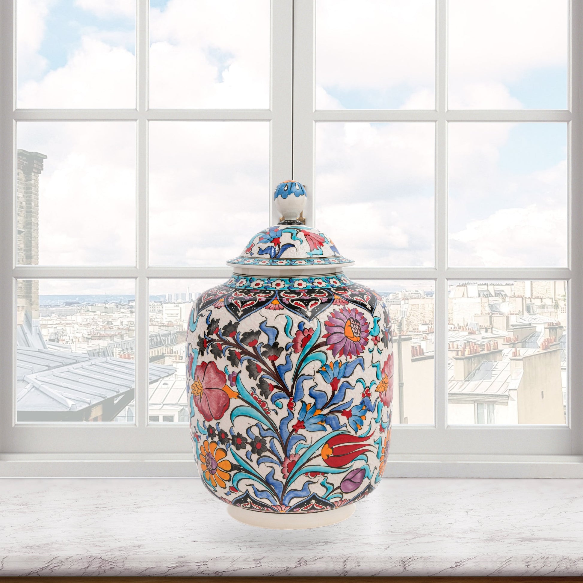 Hand-painted Garden Bloom ceramic jar with multicolor Ottoman floral motifs. Tall canister design, artisan-made, perfect for storage, décor, or gifting.