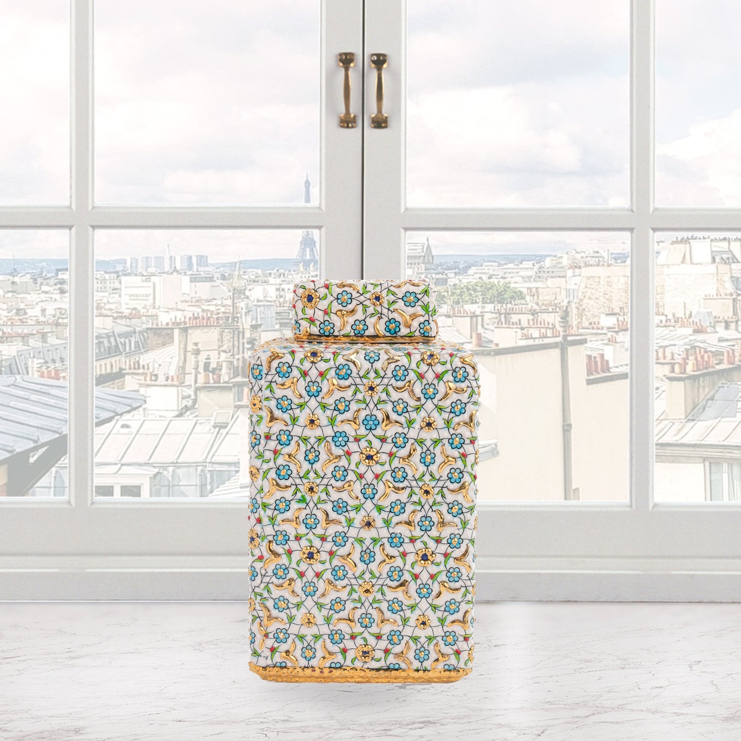 Handmade Ceramic Jar, Turquoise Bloom Decorative Jar with Lid, Ceramic Square Jar