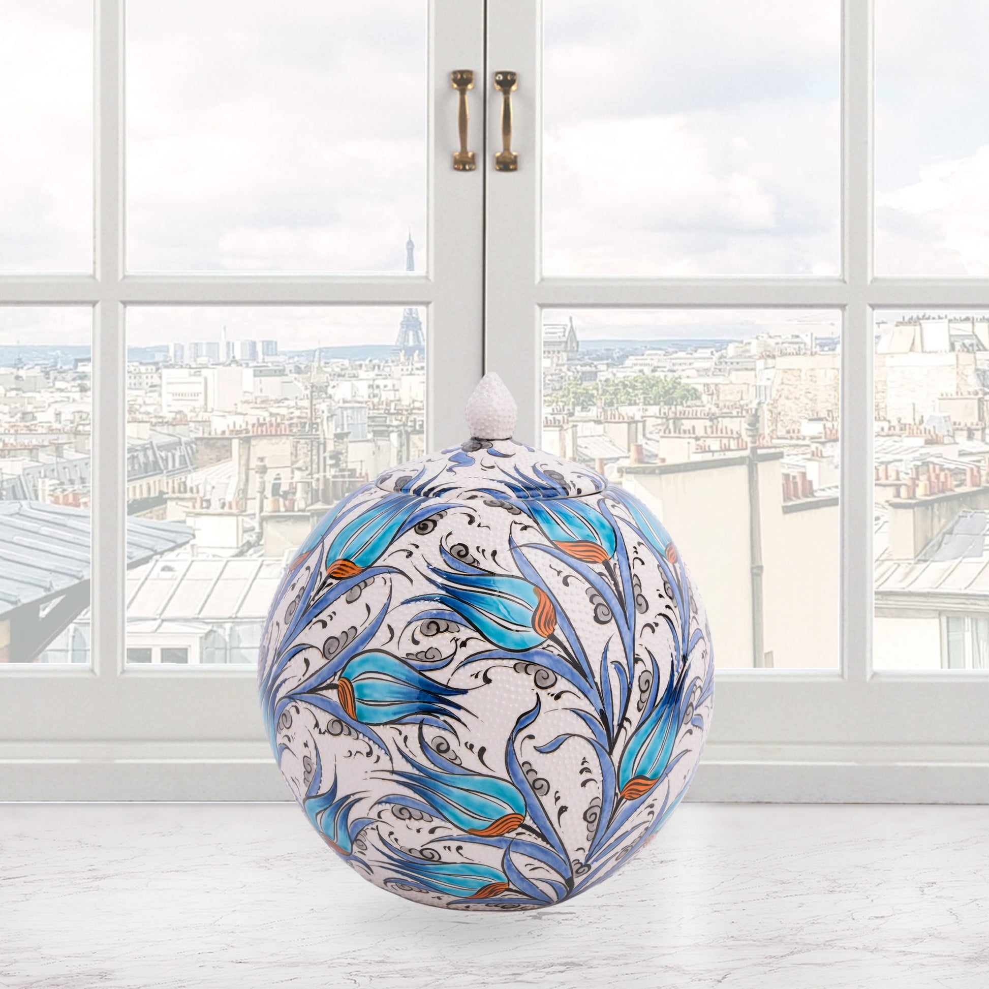 Hand-painted Turquoise Tulip globe jar with Ottoman floral motifs in turquoise & cobalt. Spherical ceramic design, artisan-made, perfect décor or gift.