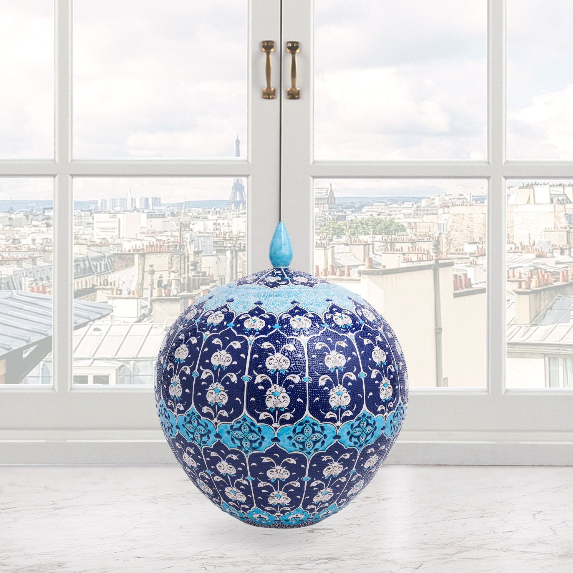 Hand-painted Ottoman Blue globe jar with white floral motifs on navy and turquoise. Round lidded ceramic jar, artisan-made, perfect décor or gift.