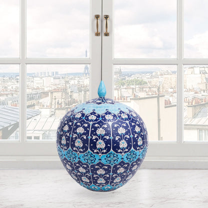 Hand-painted Ottoman Blue globe jar with white floral motifs on navy and turquoise. Round lidded ceramic jar, artisan-made, perfect décor or gift.