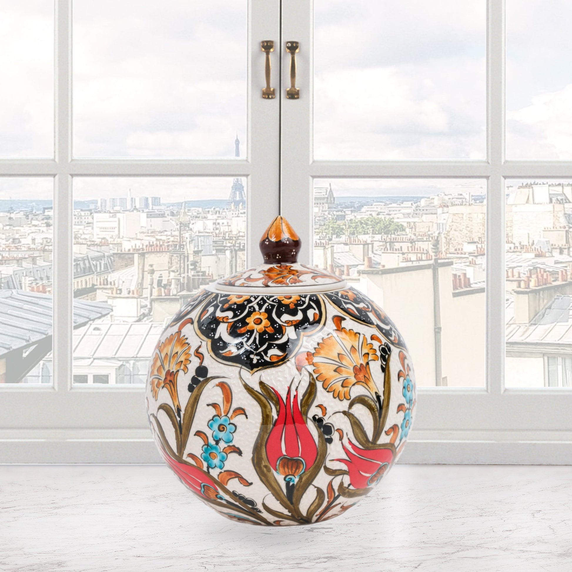 Hand-painted Red Tulip globe jar with Ottoman floral motifs in red, blue & gold. Glossy round ceramic jar, artisan-crafted, perfect décor or thoughtful gift.