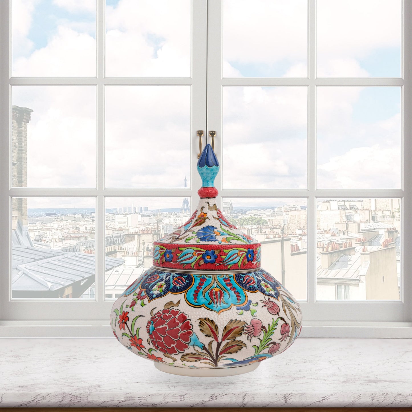 Hand-painted Vizier Bloom ceramic jar with vivid Ottoman floral motifs and turquoise finial lid. Wide-bodied artisan jar, perfect as candy bowl, décor, or gift.