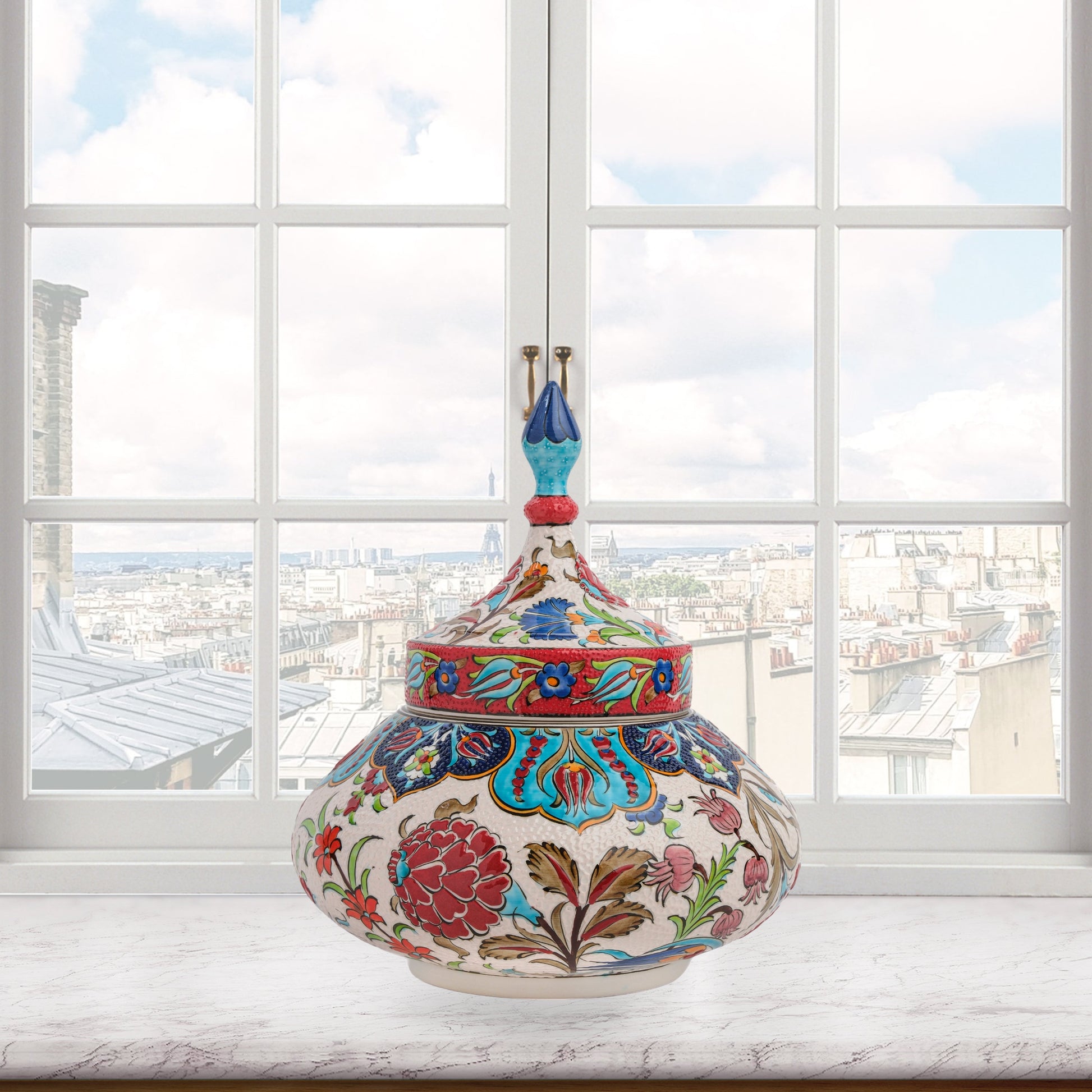 Hand-painted Vizier Bloom ceramic jar with vivid Ottoman floral motifs and turquoise finial lid. Wide-bodied artisan jar, perfect as candy bowl, décor, or gift.