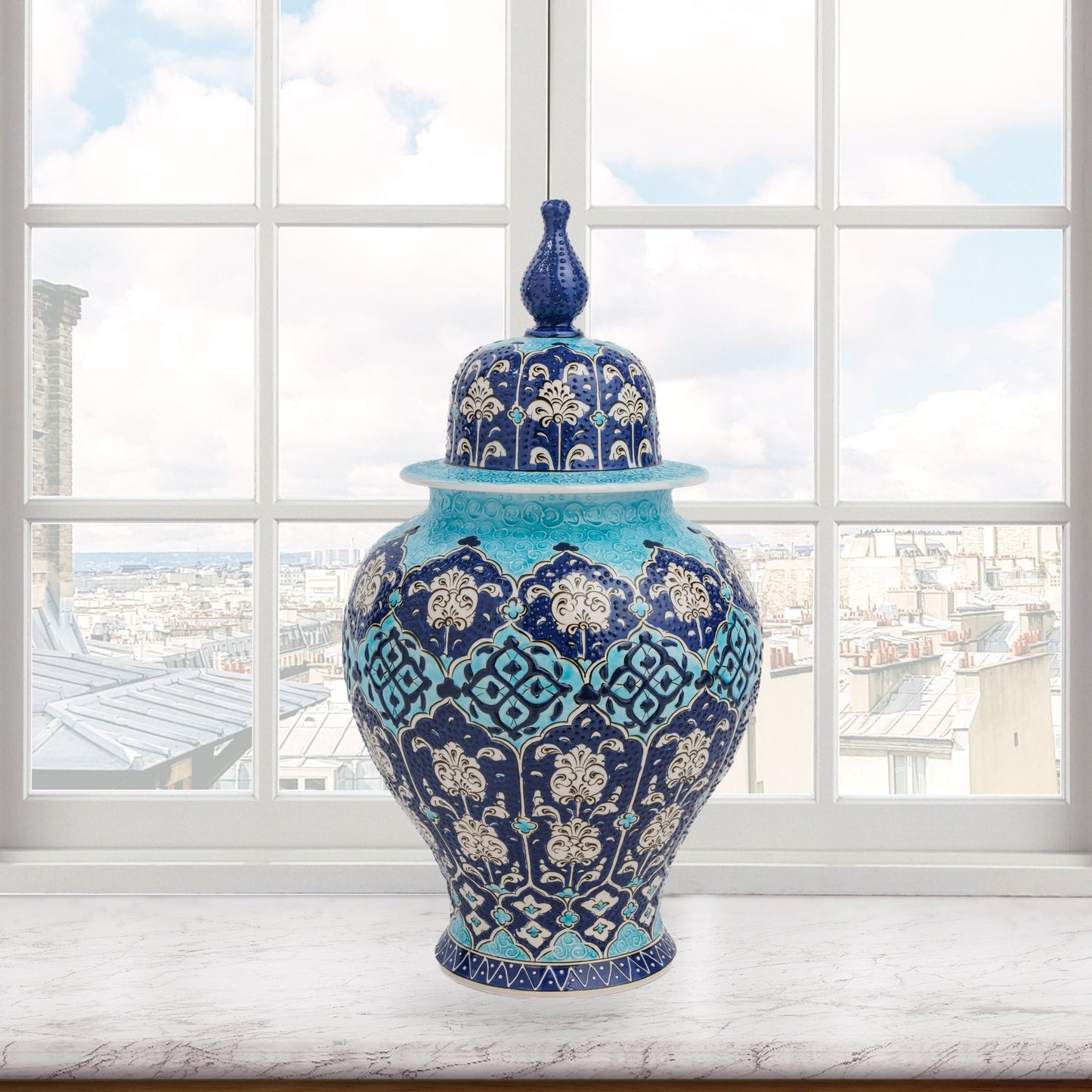 Handmade Ceramic Jar, Ottoman Blue Decorative Jar with Lid, Ceramic Ginger Jar