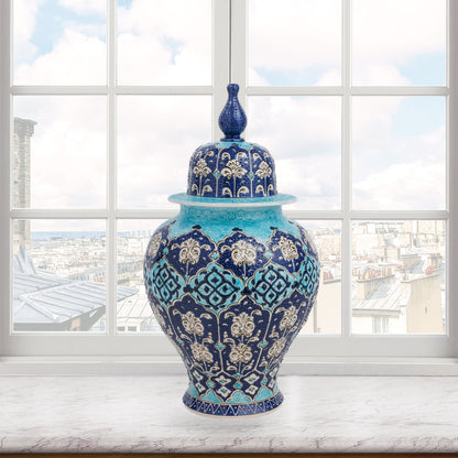 Handmade Ceramic Jar, Ottoman Blue Decorative Jar with Lid, Ceramic Ginger Jar