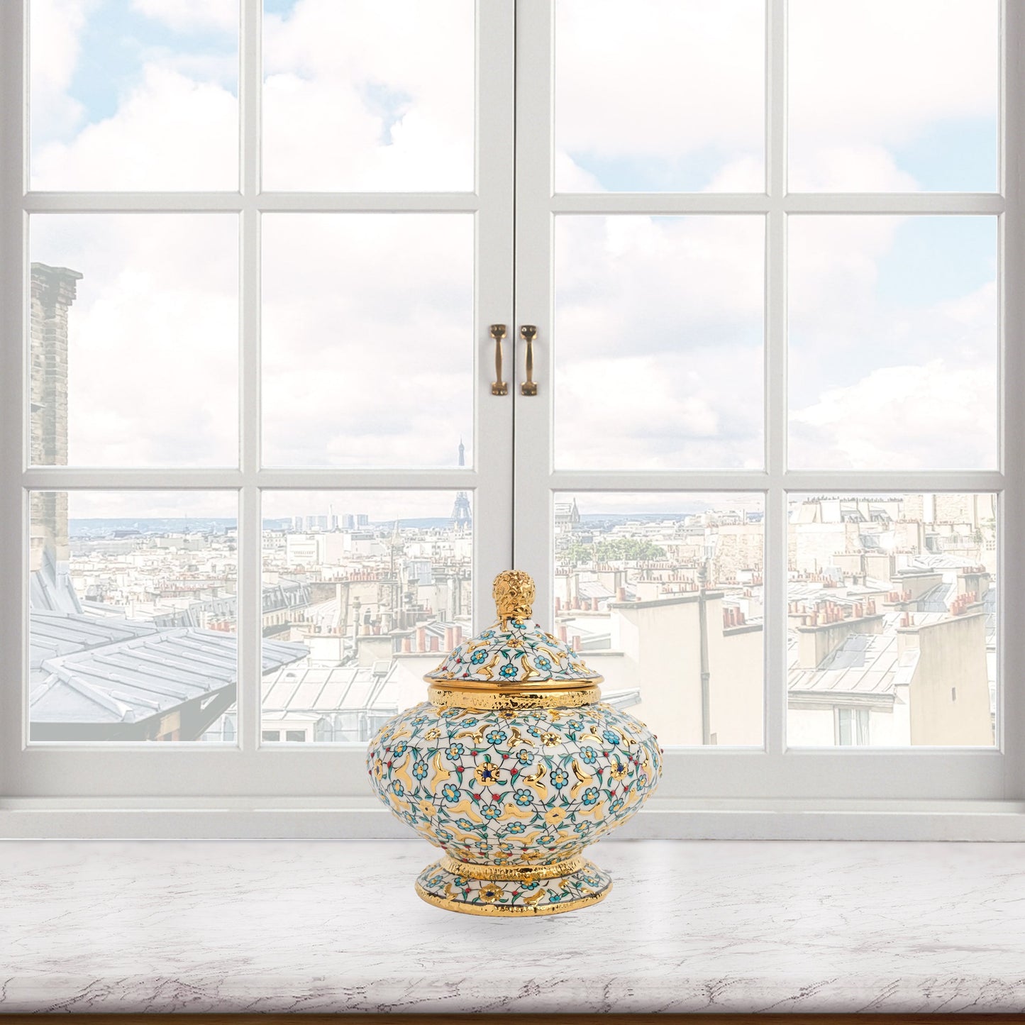 Hand-painted Golden Bloom ceramic jar with turquoise flowers and gold accents. Lidded artisan jar, perfect as honey pot, candy bowl, or luxury décor gift.