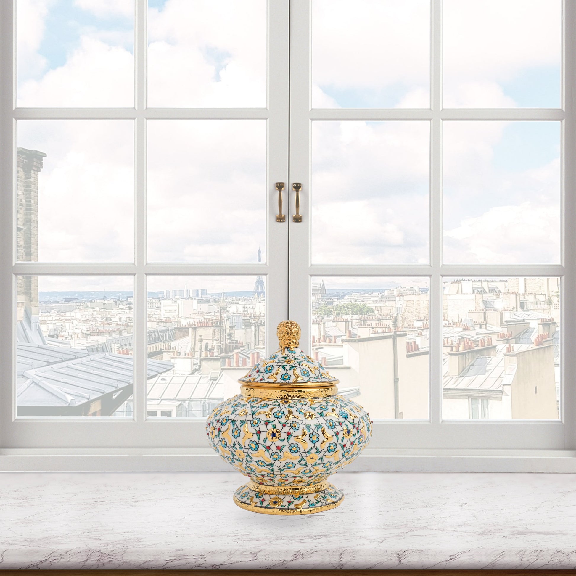 Hand-painted Golden Bloom ceramic jar with turquoise flowers and gold accents. Lidded artisan jar, perfect as honey pot, candy bowl, or luxury décor gift.