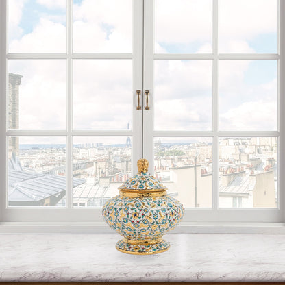 Hand-painted Golden Bloom ceramic jar with turquoise flowers and gold accents. Lidded artisan jar, perfect as honey pot, candy bowl, or luxury décor gift.