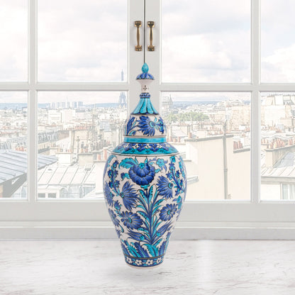 Hand-painted Vizier Blue ceramic canister with Ottoman floral motifs in cobalt, turquoise & azure. Tall lidded vase, artisan-made, perfect décor or gift.