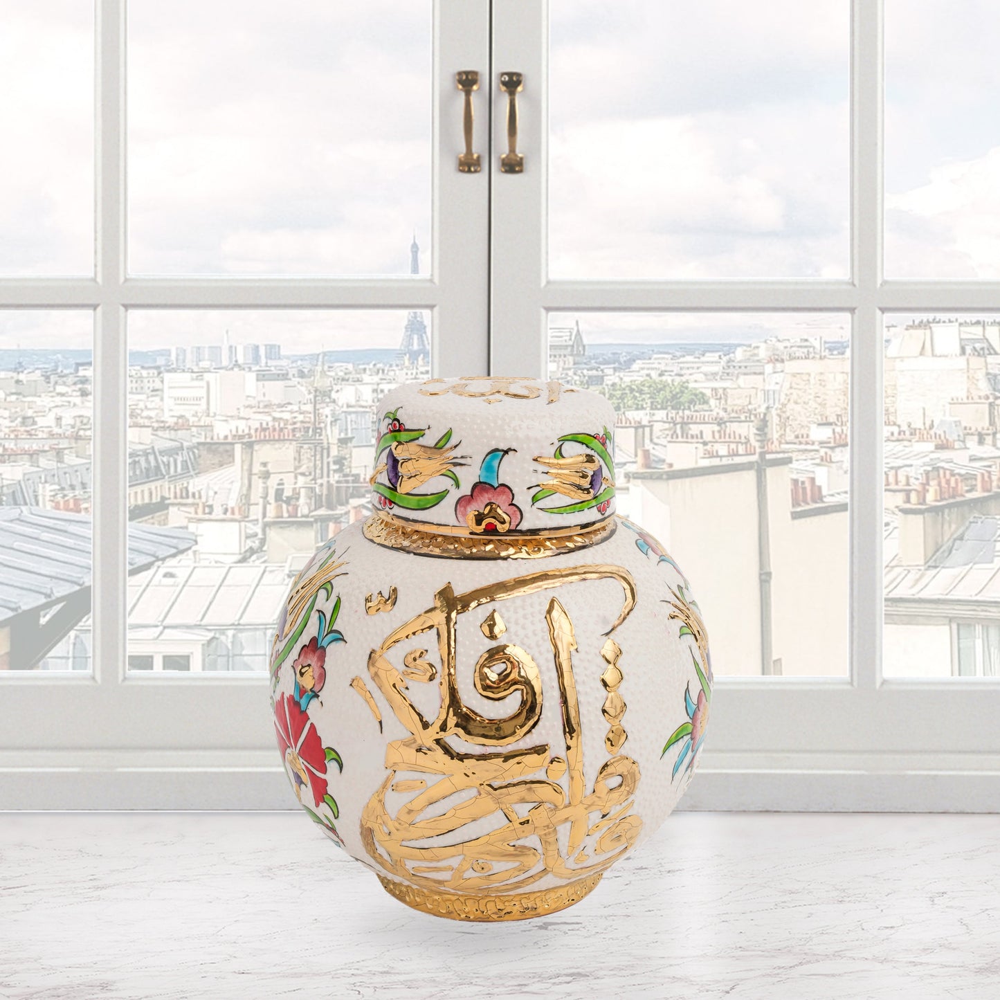Hand-painted Gold Calligraphy ceramic jar with Ottoman floral motifs & Arabic script. Round melon-shaped design, glossy glazed, perfect décor or gift.