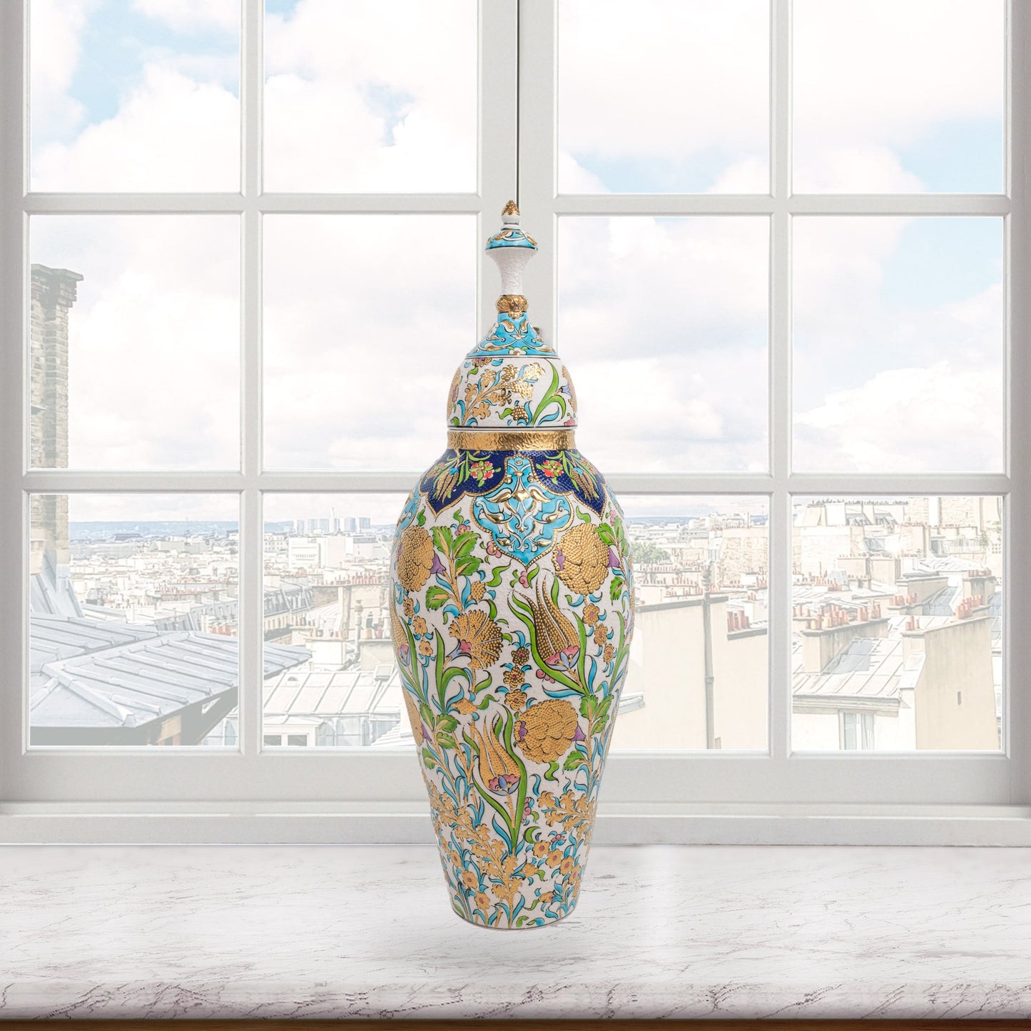 Hand-painted Vizier Blossom ceramic canister with golden Ottoman florals, tulips & hyacinths. Tall lidded vase with glossy glaze, perfect décor or gift.