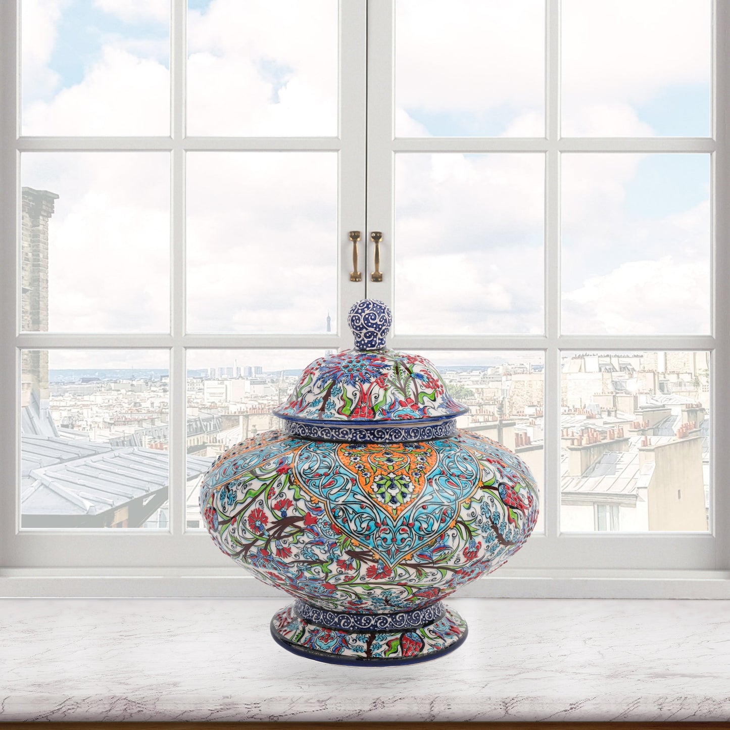 Hand-painted Royal Ornament ceramic jar with Ottoman floral and geometric motifs in turquoise, orange & navy. Wide artisan jar, perfect décor or luxury gift.
