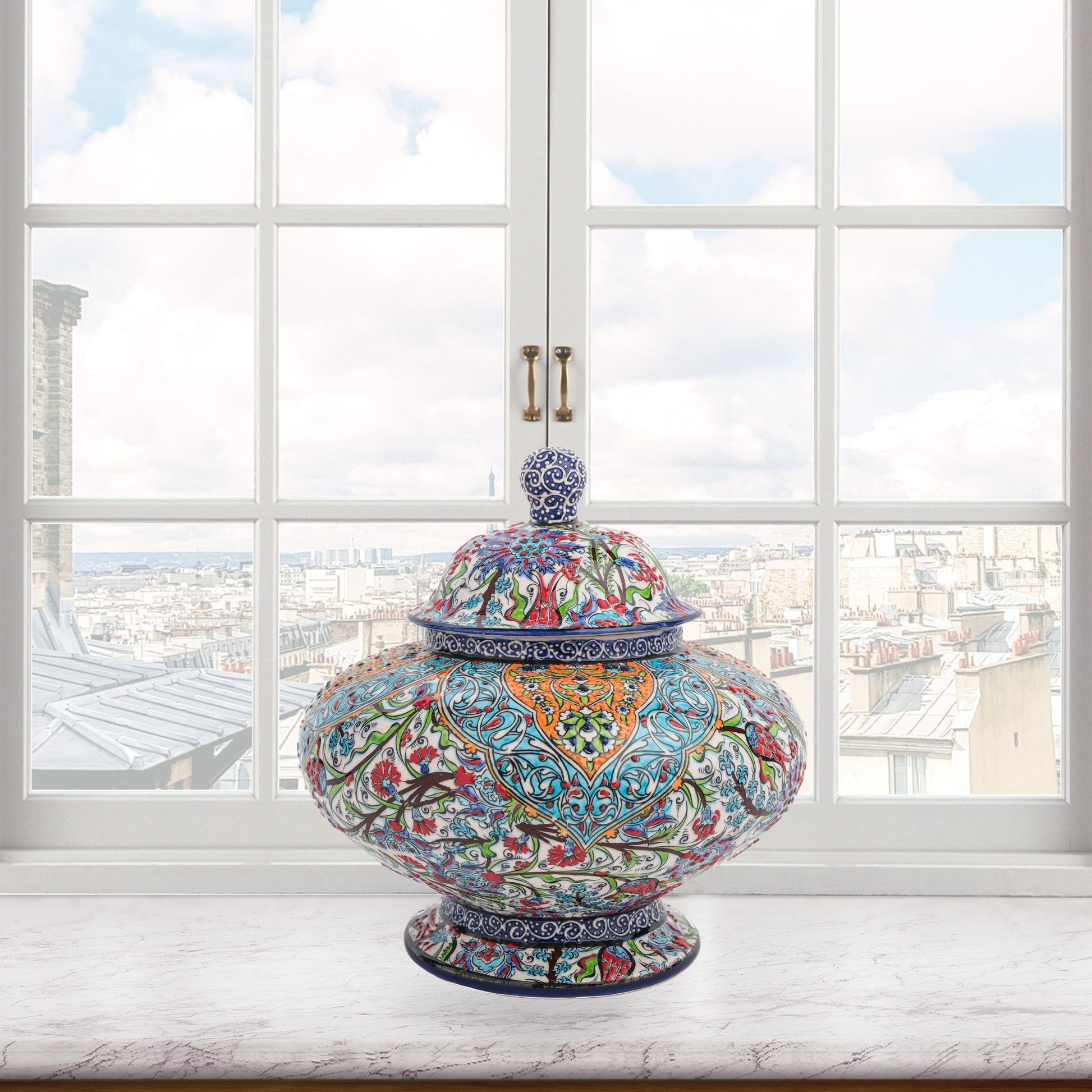 Hand-painted Royal Ornament ceramic jar with Ottoman floral and geometric motifs in turquoise, orange & navy. Wide artisan jar, perfect décor or luxury gift.