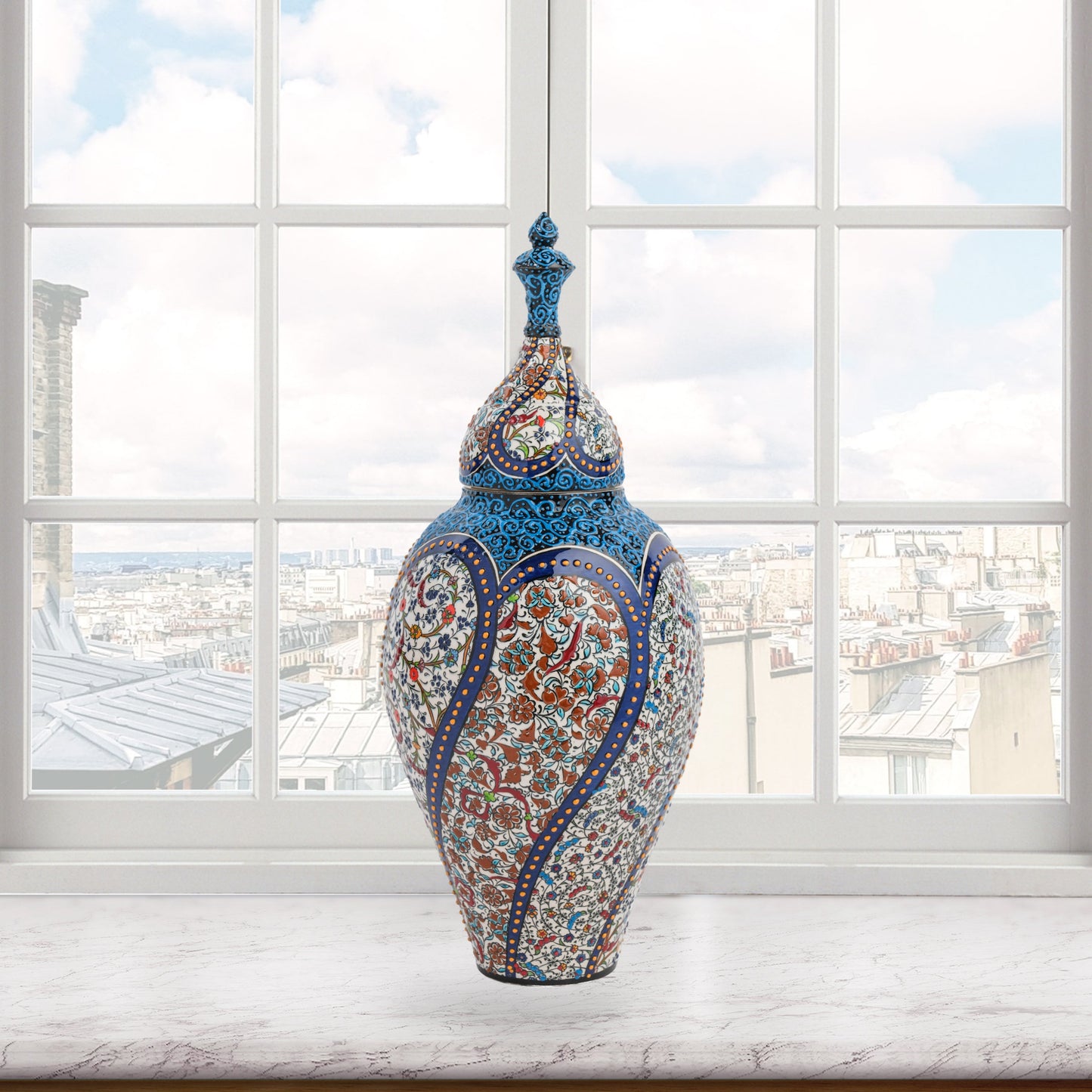 Hand-painted Vizier Mosaic ceramic canister with Ottoman floral tile motifs in cobalt, turquoise & earth tones. Tall lidded vase, perfect décor or gift.