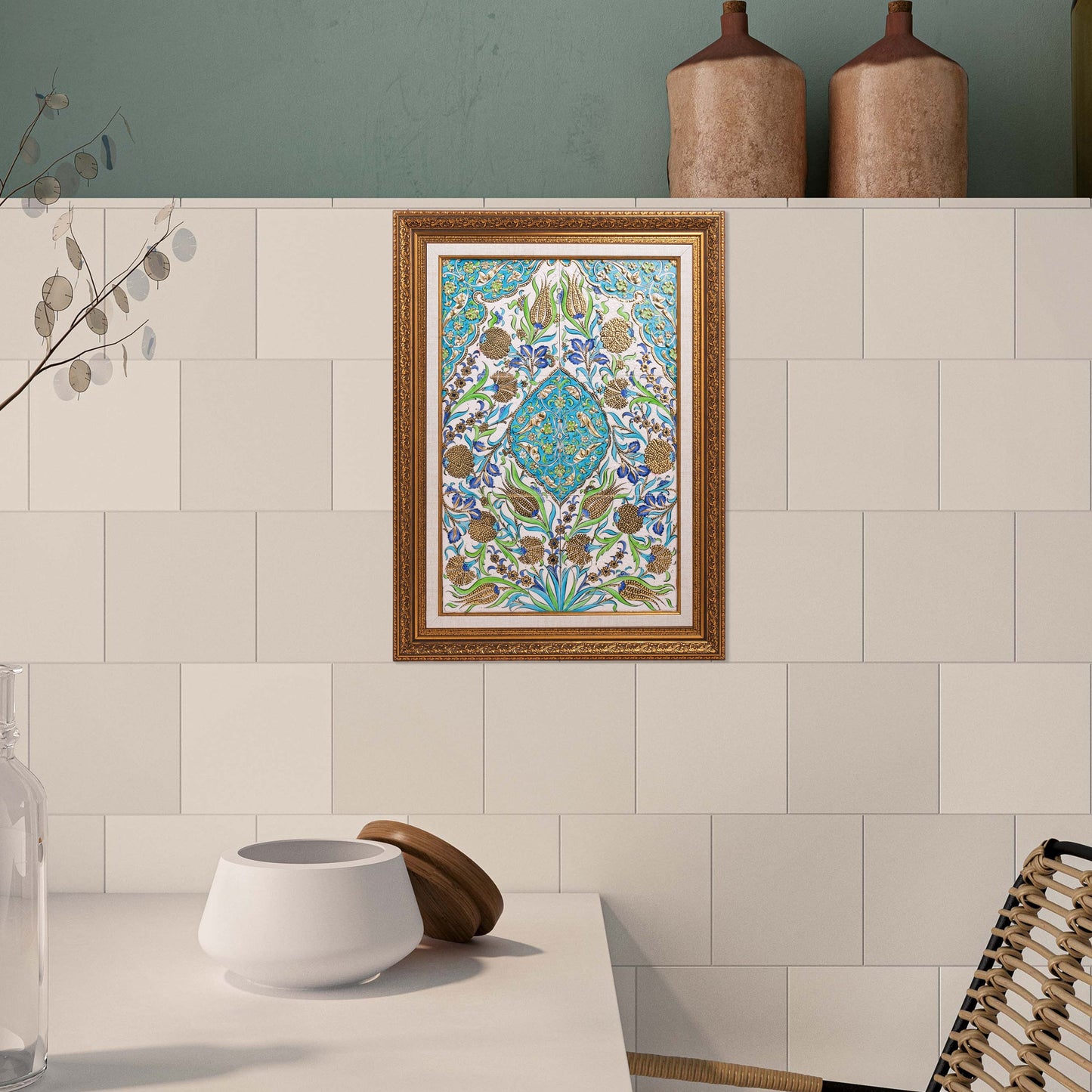 Decorative ceramic tile on a tiled wall with a wooden frame.