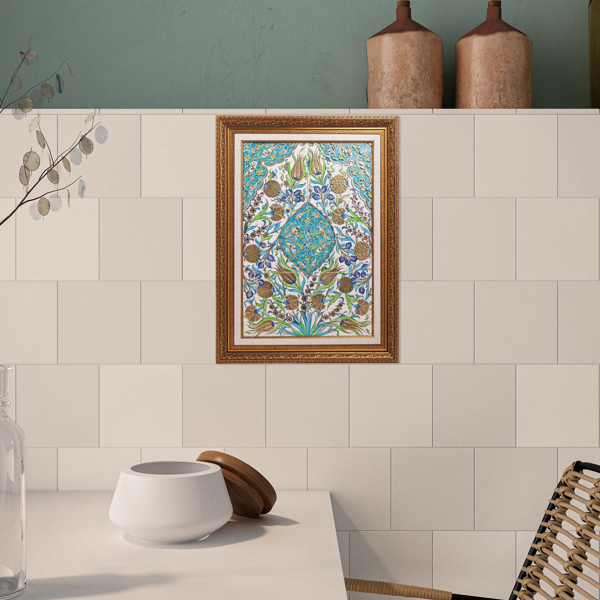 Decorative ceramic tile on a tiled wall with a wooden frame.