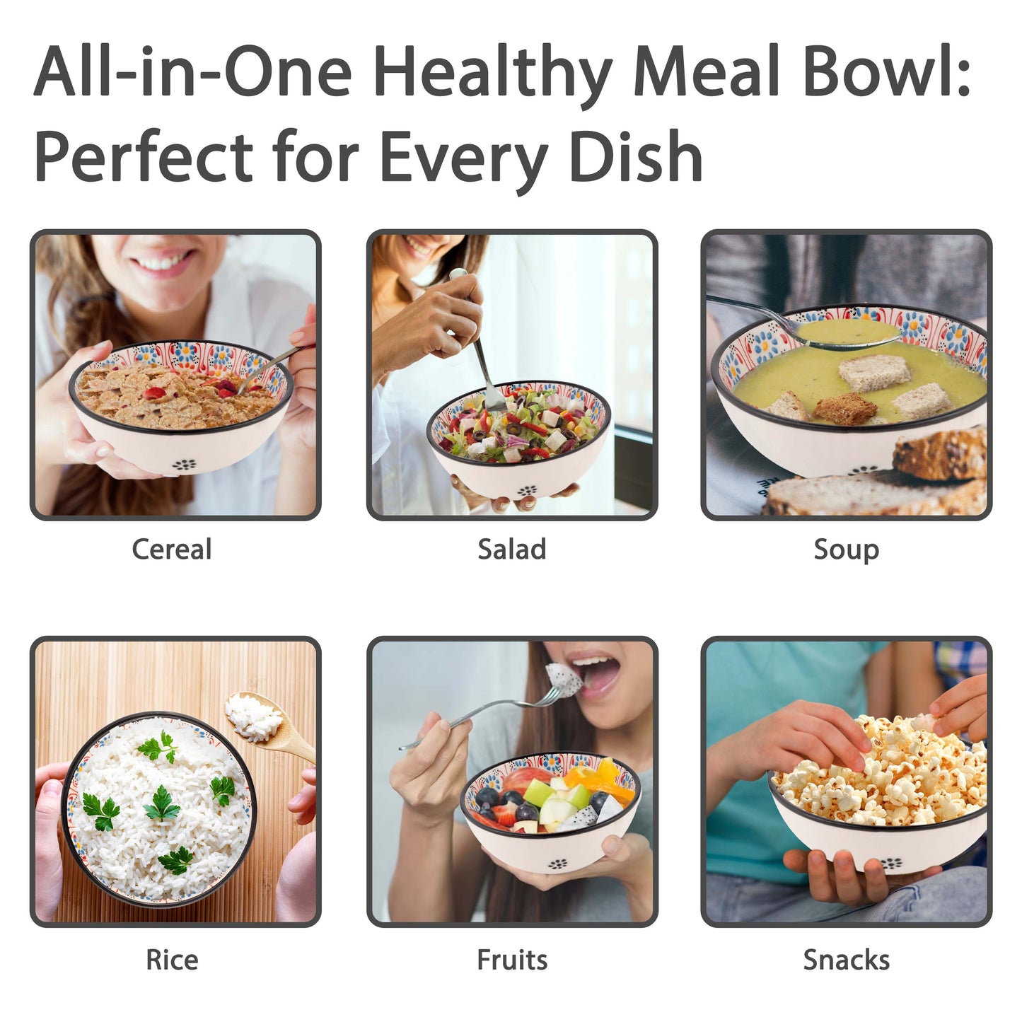 Multifunctional bowl used for various meals with text 'All-in-One Healthy Meal Bowl: Perfect for Every Dish'.