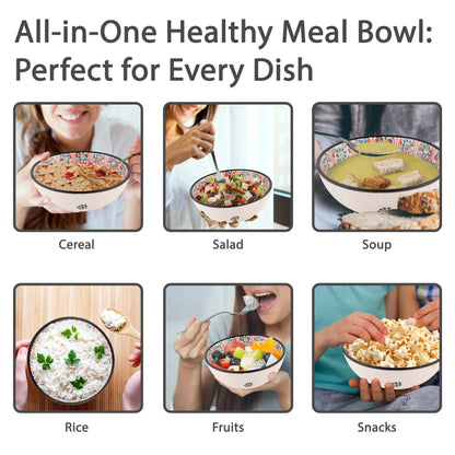 Multifunctional bowl used for various meals with text 'All-in-One Healthy Meal Bowl: Perfect for Every Dish'.