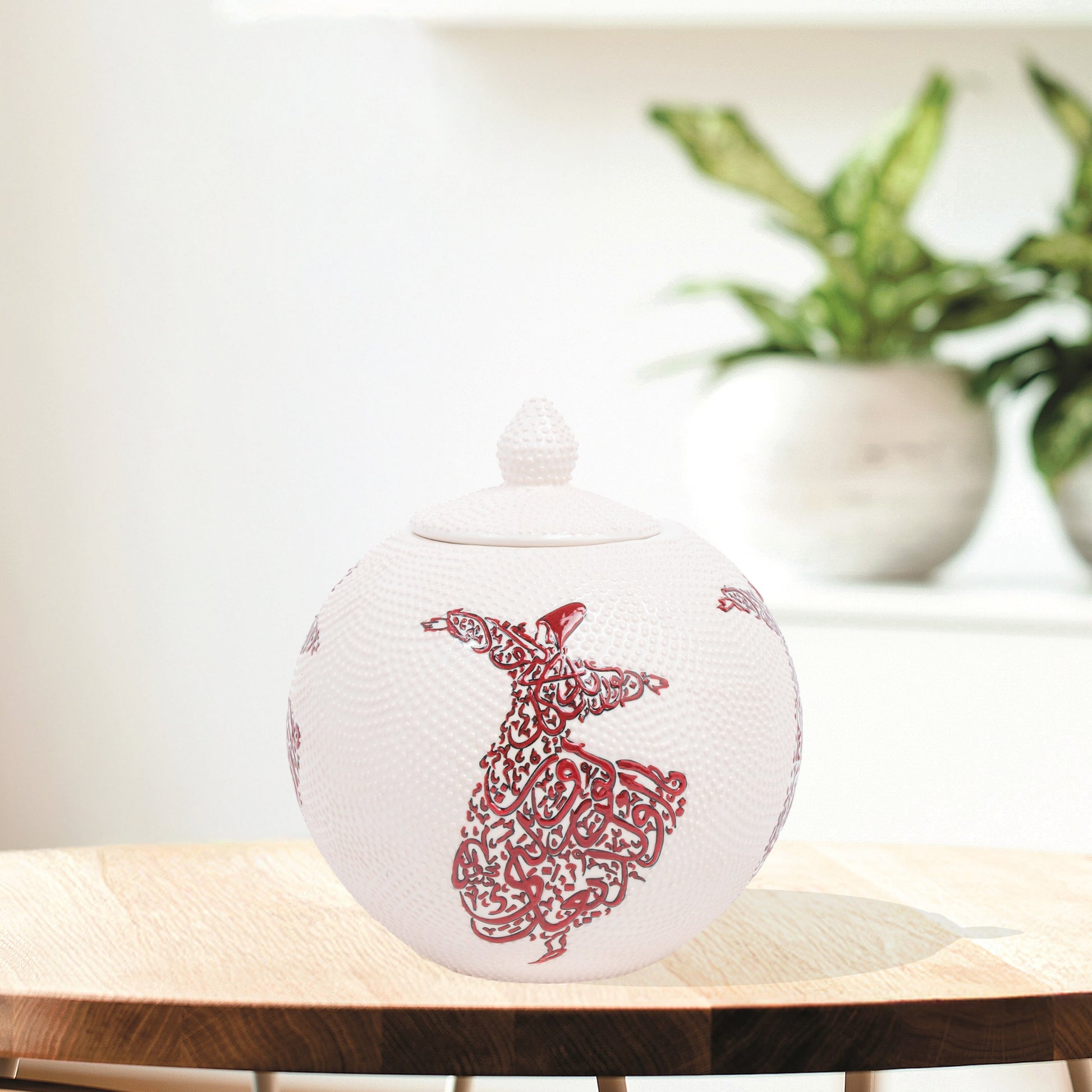 Hand-painted Whirling Dervish ceramic globe jar with Arabic calligraphy design. Available in red or blue, artisan-made, perfect for spiritual décor or gifts.