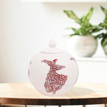 Hand-painted Whirling Dervish ceramic globe jar with Arabic calligraphy design. Available in red or blue, artisan-made, perfect for spiritual décor or gifts.