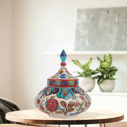 Hand-painted Vizier Bloom ceramic jar with vivid Ottoman floral motifs and turquoise finial lid. Wide-bodied artisan jar, perfect as candy bowl, décor, or gift.