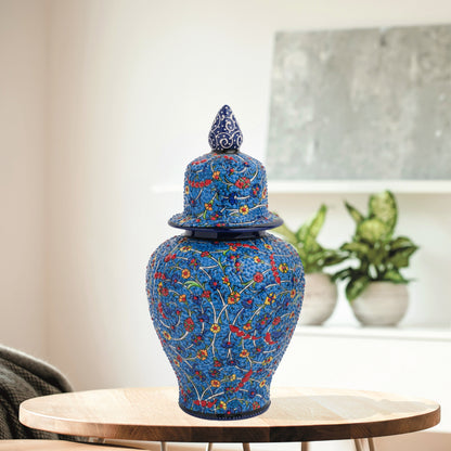 Hand-painted Blossom Night ceramic jar with vivid yellow, red & blue florals on cobalt base. Glossy artisan jar with ornate finial, perfect décor or gift.