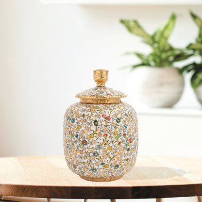 Hand-painted Golden Blossom ceramic jar with colorful floral motifs and gold accents. Lidded artisan jar, ideal for honey, ginger, spices, or elegant décor.