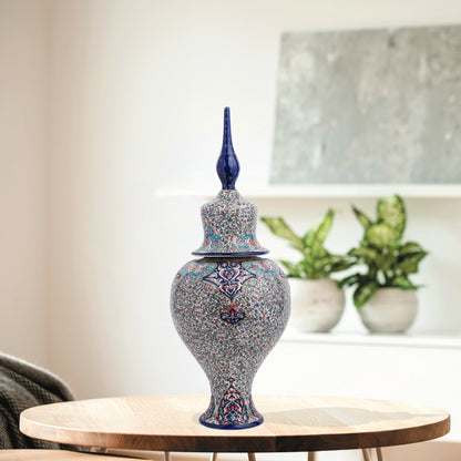 Hand-painted Sultan Elegance ceramic jar with Ottoman floral motifs in navy, teal & crimson. Tall finial lid design, artisan-made, perfect décor or gift.