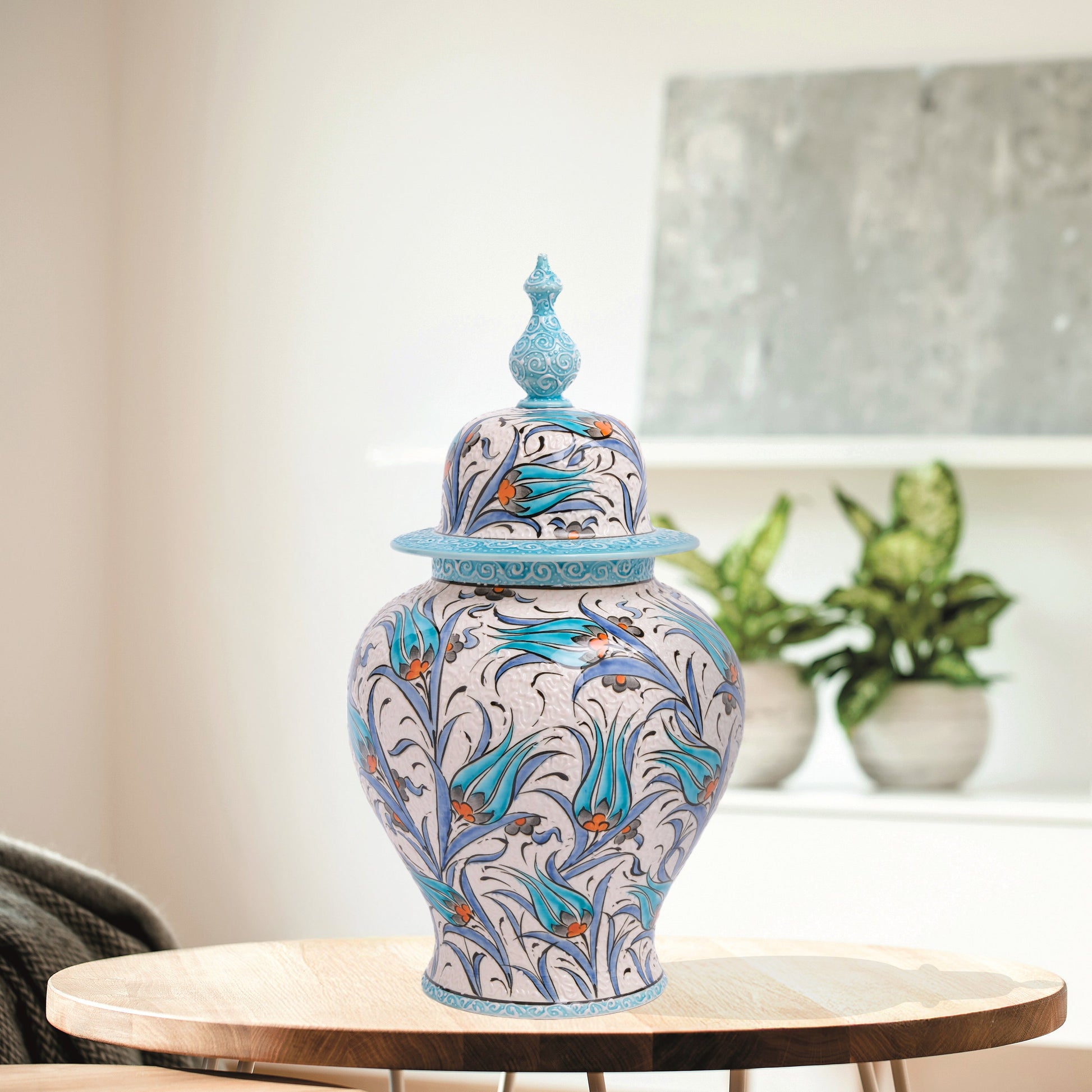 Hand-painted Blue Tulip ceramic jar with Ottoman floral motifs in blue and orange. Finished with turquoise lid, artisan-made, perfect décor or collector’s gift.