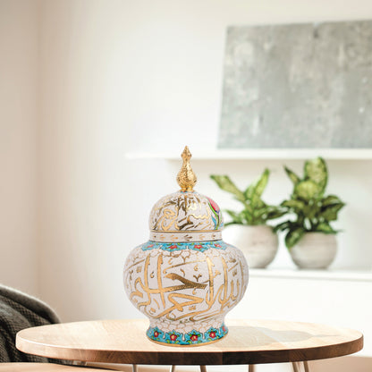 Hand-painted Vizier Bloom ceramic jar with vivid Ottoman floral motifs and turquoise finial lid. Wide-bodied artisan jar, perfect as candy bowl, décor, or gift.