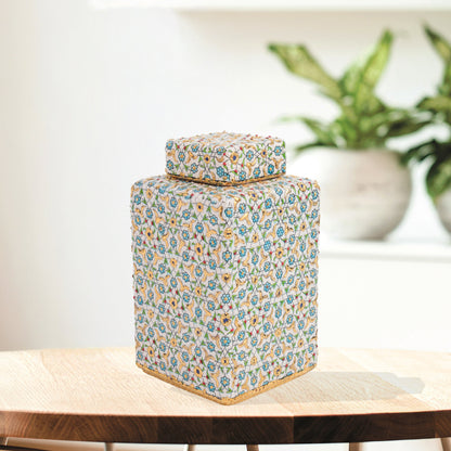 Handmade Ceramic Jar, Turquoise Bloom Decorative Jar with Lid, Ceramic Square Jar