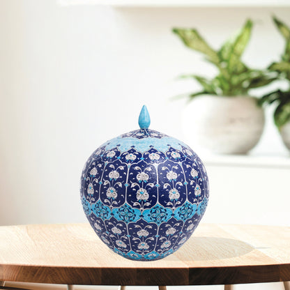 Hand-painted Ottoman Blue globe jar with white floral motifs on navy and turquoise. Round lidded ceramic jar, artisan-made, perfect décor or gift.