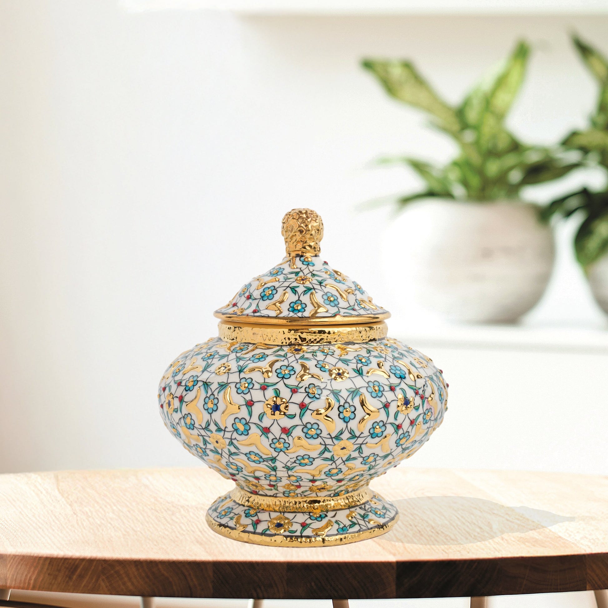 Hand-painted Golden Bloom ceramic jar with turquoise flowers and gold accents. Lidded artisan jar, perfect as honey pot, candy bowl, or luxury décor gift.