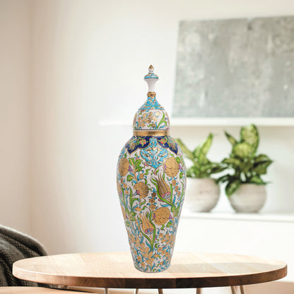 Hand-painted Vizier Blossom ceramic canister with golden Ottoman florals, tulips & hyacinths. Tall lidded vase with glossy glaze, perfect décor or gift.