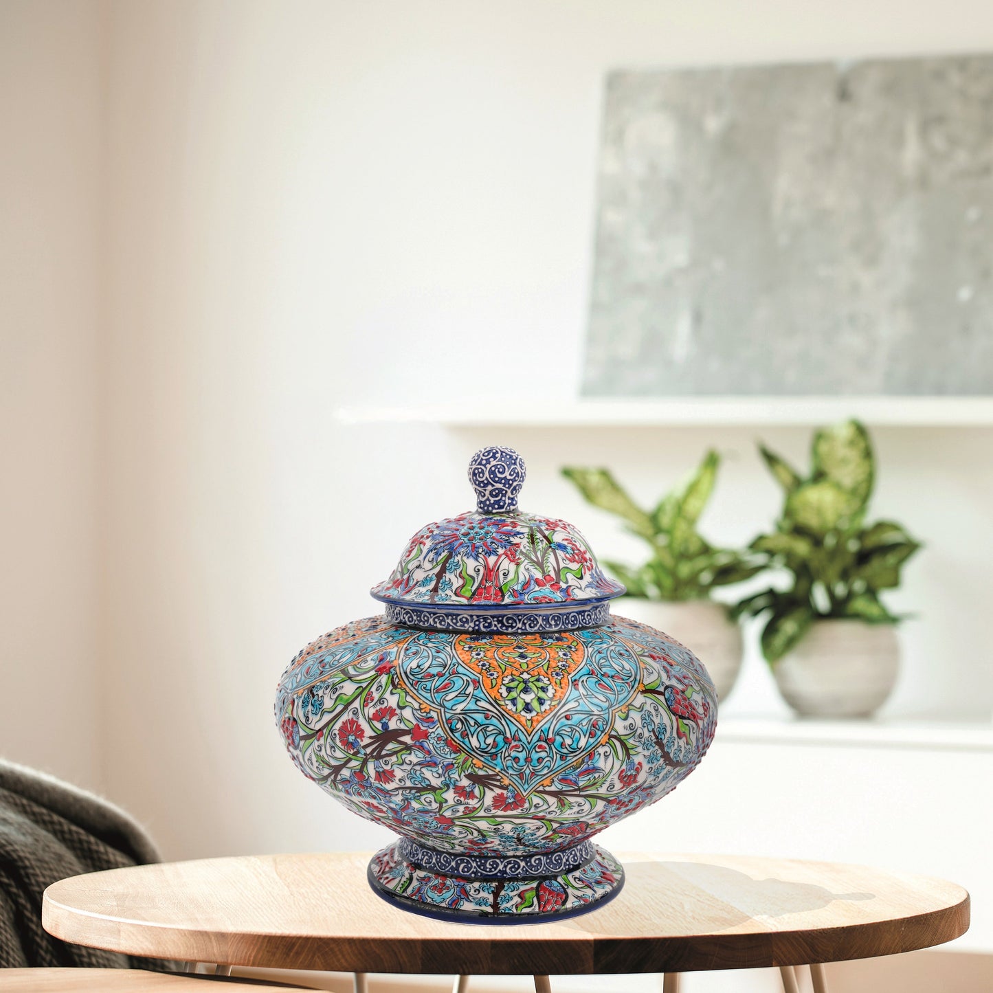 Hand-painted Royal Ornament ceramic jar with Ottoman floral and geometric motifs in turquoise, orange & navy. Wide artisan jar, perfect décor or luxury gift.