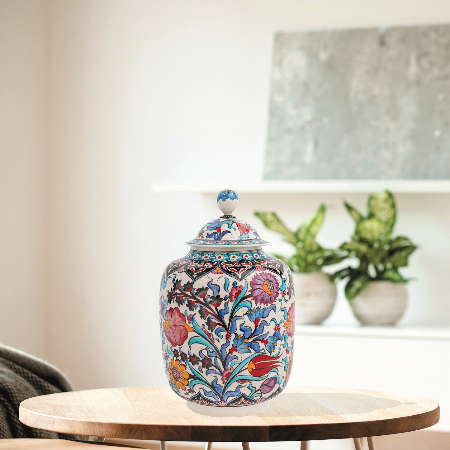 Hand-painted Garden Bloom ceramic jar with multicolor Ottoman floral motifs. Tall canister design, artisan-made, perfect for storage, décor, or gifting.