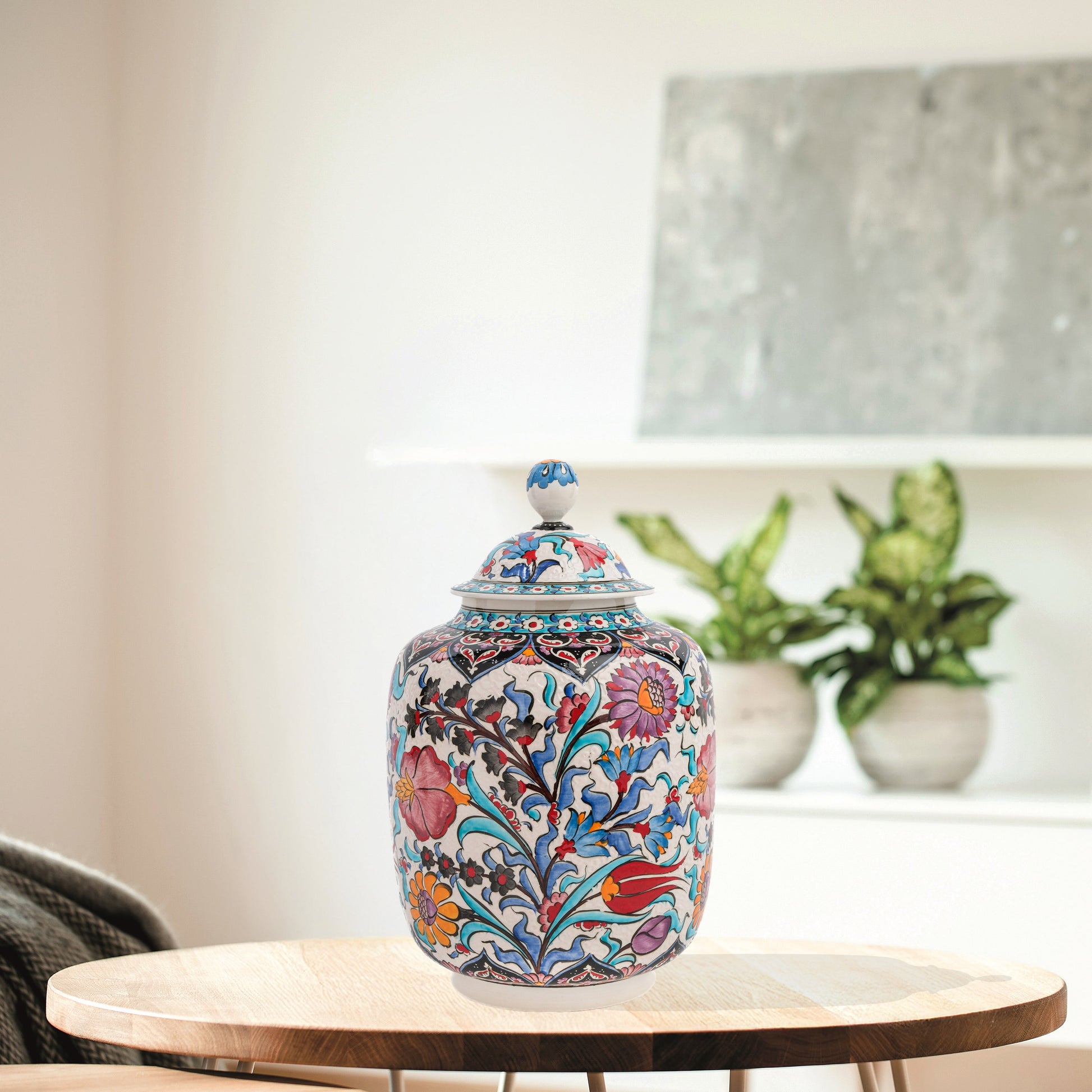 Hand-painted Garden Bloom ceramic jar with multicolor Ottoman floral motifs. Tall canister design, artisan-made, perfect for storage, décor, or gifting.