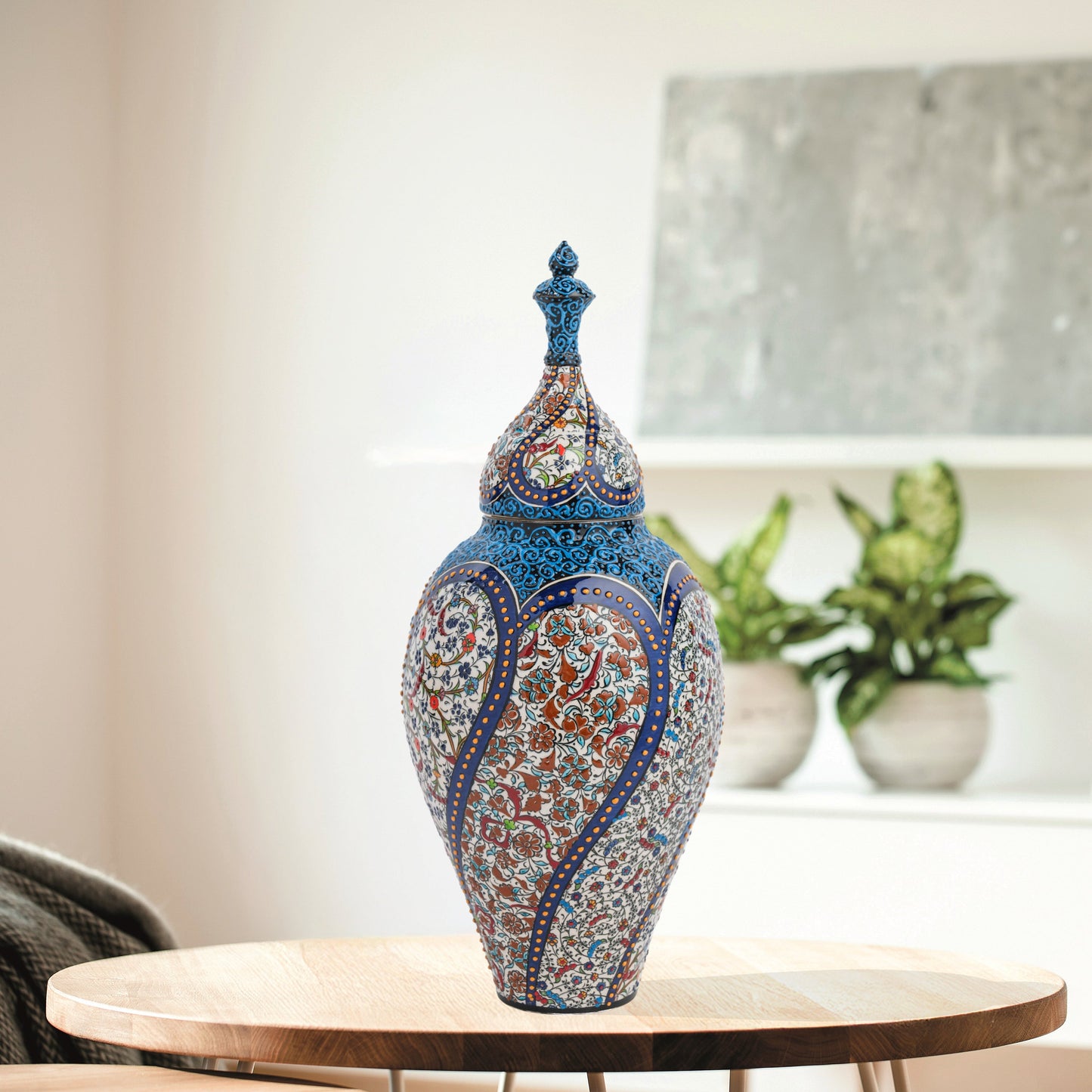 Hand-painted Vizier Mosaic ceramic canister with Ottoman floral tile motifs in cobalt, turquoise & earth tones. Tall lidded vase, perfect décor or gift.