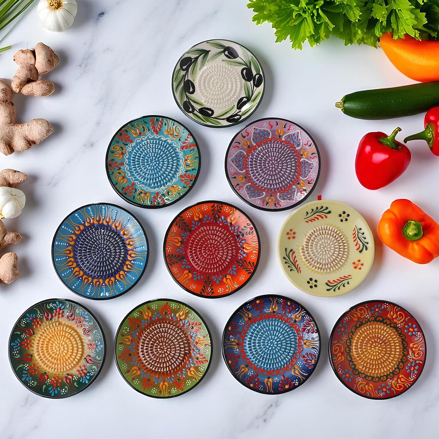 Set of colorful ceramic garlic graters on a marble surface with vegetables.