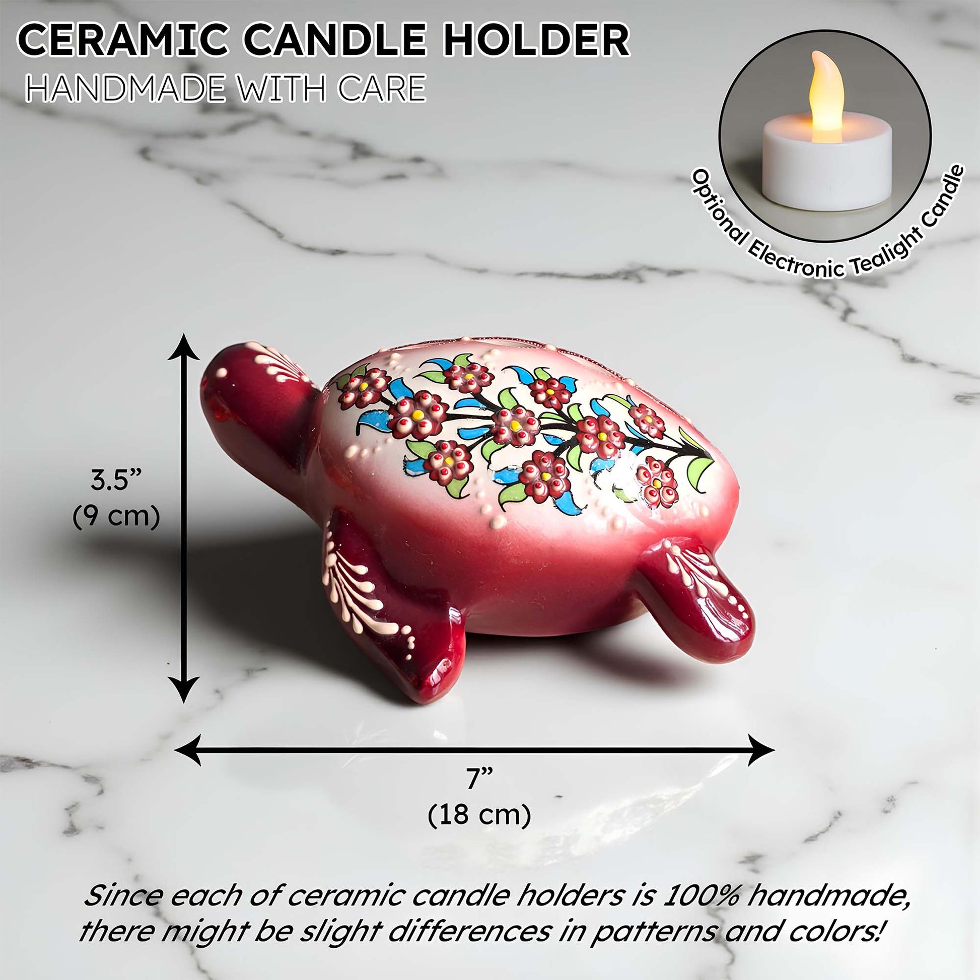 Hand-painted turtle design ceramic tealight candle holder, artisan handmade lantern for home décor, fits real tealight or LED candles