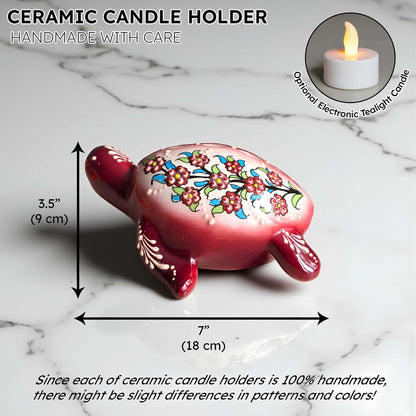 Hand-painted turtle design ceramic tealight candle holder, artisan handmade lantern for home décor, fits real tealight or LED candles