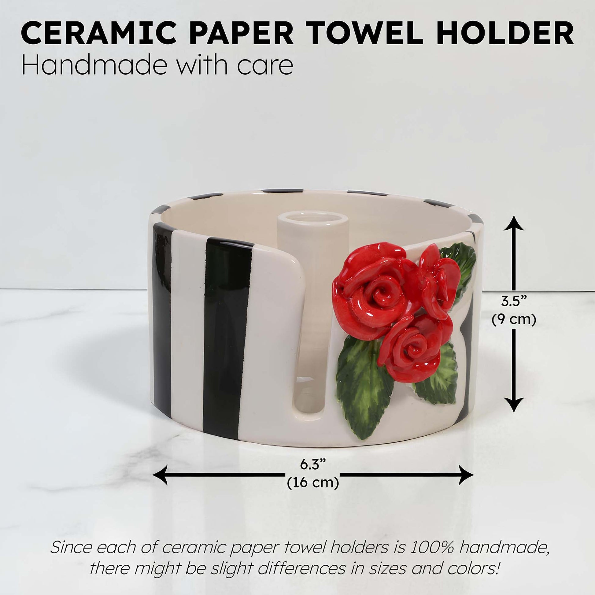 Ceramic paper towel holder with red roses and black and white stripes, shown with measurements on a light background.