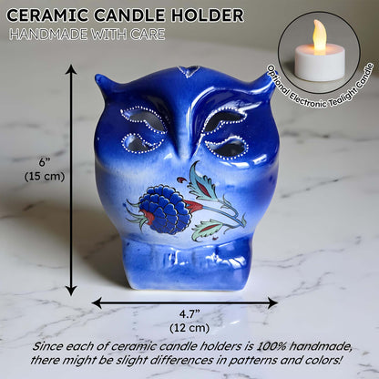 Owl design ceramic tealight candle holder handmade, artisan hand-painted owl-shaped lantern, fits real tealight or LED candles for cozy home décor