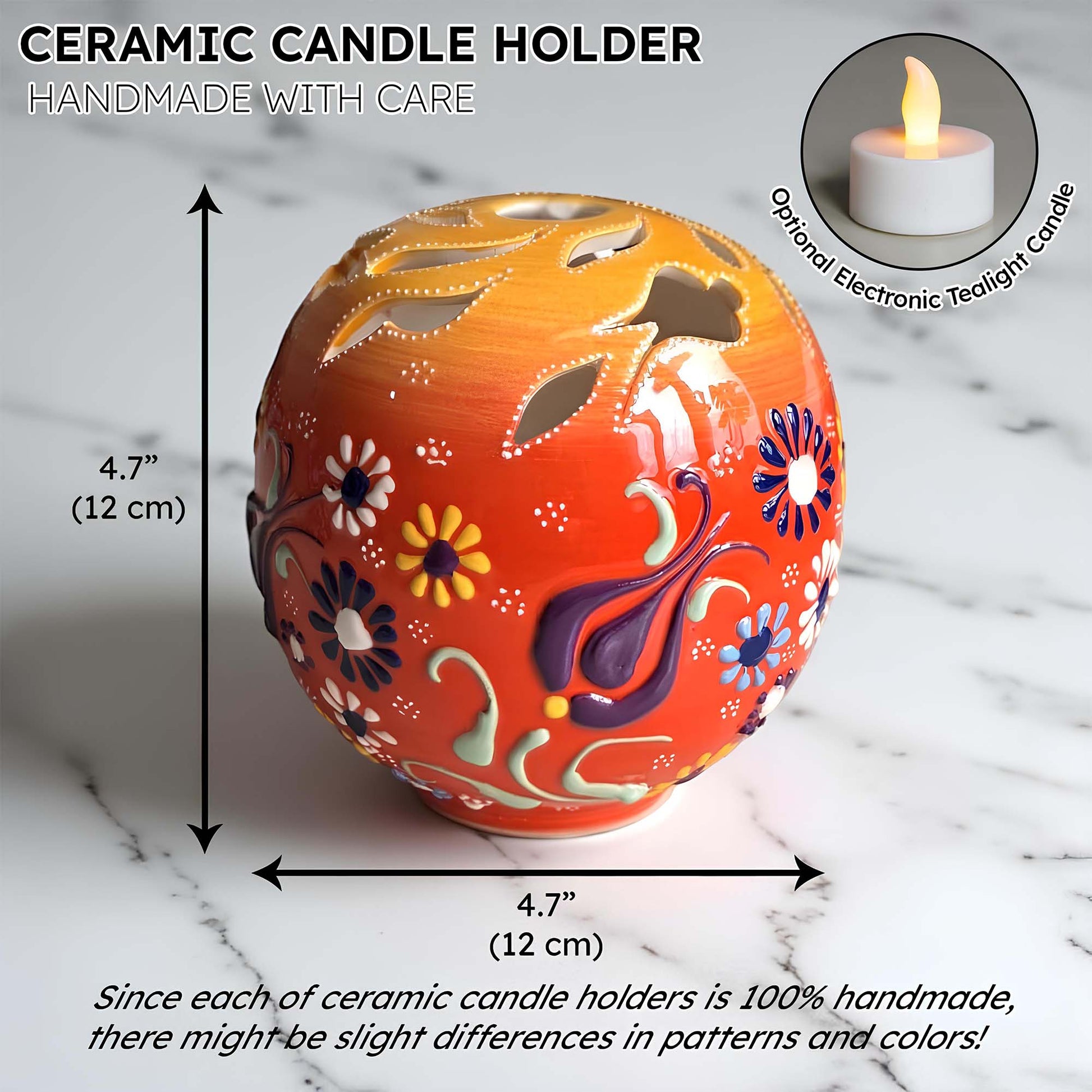 Orb design ceramic tealight candle holder handmade, artisan hand-painted round ceramic lantern for home décor, fits real tealight or LED candles