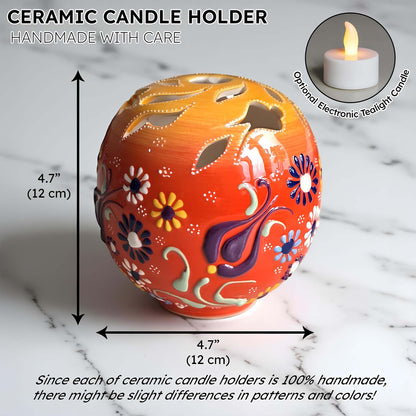 Orb design ceramic tealight candle holder handmade, artisan hand-painted round ceramic lantern for home décor, fits real tealight or LED candles