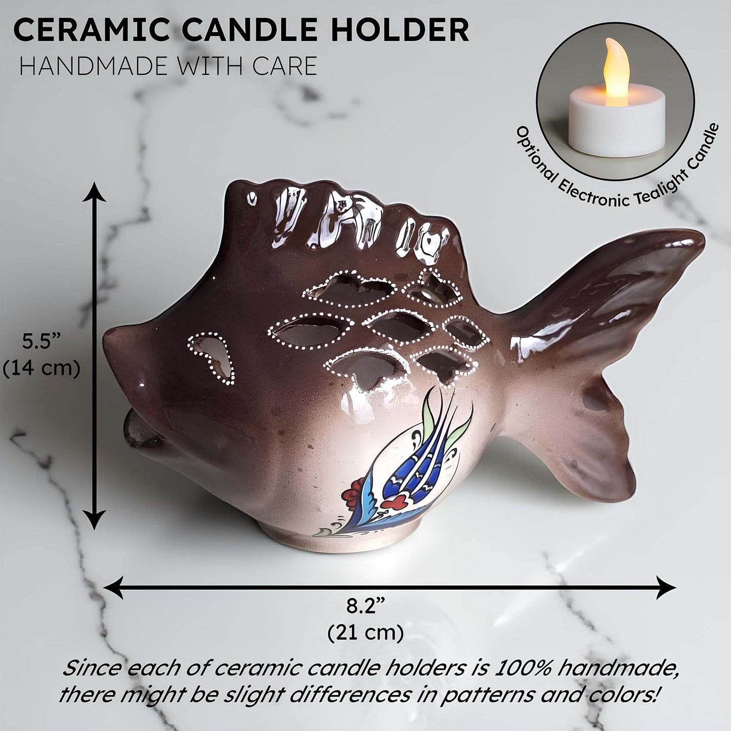 Fish design ceramic tealight candle holder handmade, artisan hand-painted ceramic lantern for home décor, works with real tealight or LED candles